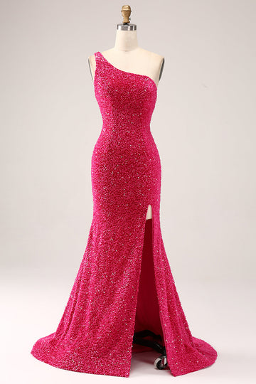 Sparkly Fuchsia Mermaid One Shoulder Long Sequin Formal Dress with Slit